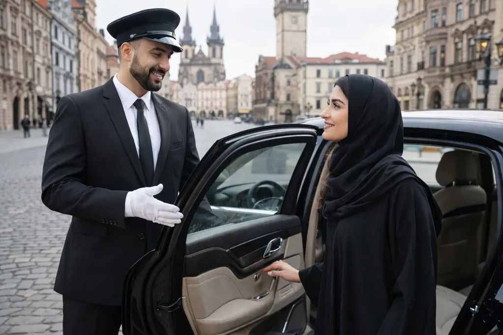 VIPCT private chauffeur opening door for VIP client in Prague